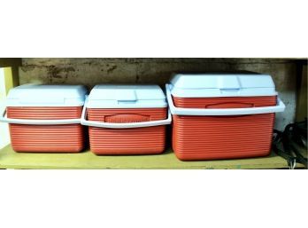 COOLER LOT - 3 Rubbermaid  Red Coolers & 1 Giant White Cooler - GREAT FOR TRAVEL!! Item#66 GAR