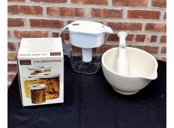 Mixed Lot Of MASON CASH Mortar & Pestle Set, OGGI Plastic Containers & BRITA Filtered Pitcher! Item#102 GAR