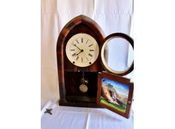 VINTAGE WOOD MANTLE CLOCK - Hand Painted Art Of Washington Park - ORIGINAL KEY INCLUDED! Item#27 RM2