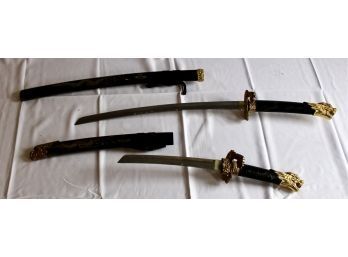 -VINTAGE JAPANESE REPLICA SWORDS GOLD DRAGON ACCENT - LOT OF 2 - GREAT FOR WALL DECOR! Item#70 RM2