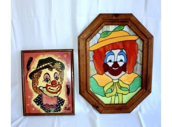 VINTAGE MIXED ART LOT - Signed Bill 97' Oil On Board & Unique Clown Stained Glass - RARE DETAIL! Item#24 RM2
