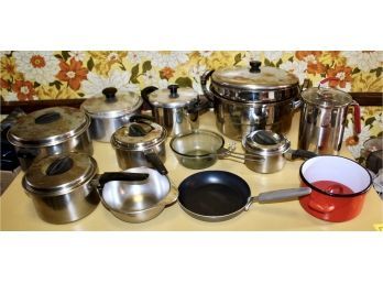 MIXED PANS & POTS LOT - FLINT STAINLESS STEEL POTS - ASPARAGUS STEAMER - RED SAUCE PAN & MORE!! Item#134 RM2