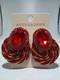 Red And Gold Oval Stone Cord Earrings