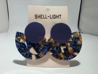 Navy Blue Acrylic Disc Top With A Blue Marbled Half-moon Dangle Earrings