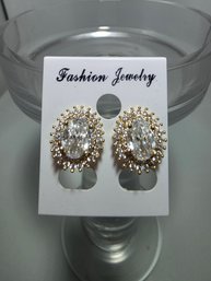 Gold-tone Oval-cut Rhinestone With Small Clear Crystal Earrings