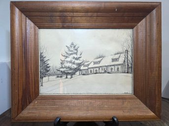 Vintage Framed Pen-and-ink Architectural Drawing