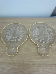 Pair Of Mid Century Crystal Clear Plate Trimmed In Gold, Jeanette Glass Co Gold Feathers Snack Plate