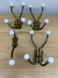 Vintage Brass & Porcelain Ball Wall Hanger 4 Hook Coat Towel Rack