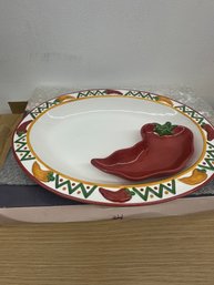 Clay Art Chili Pepper Chip And Dip Ceramic Plate Set (new)