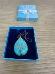 Natural Turquoise Healing Stones, Tree Of Life Wire Wrapped Necklace In Copper
