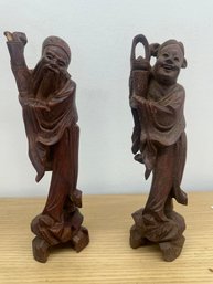 Vintage Chinese Statue Man And Woman With Staff And Peach Carved Wood