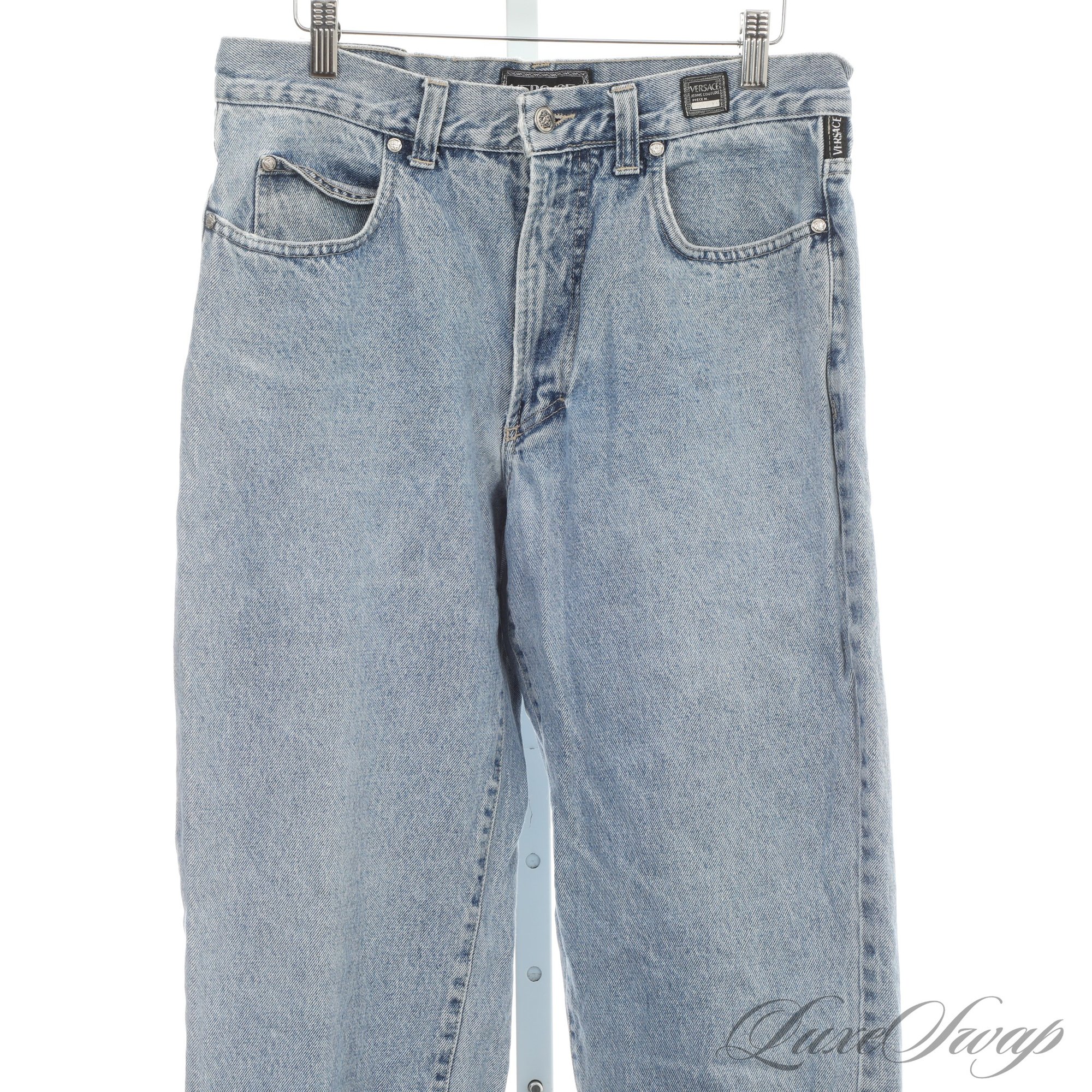 Versace Jeans Couture, Lets Gooo!! Vintage 1990s Versace Jeans Couture Made In Italy Light Washed Denim Tapered Jeans Fits Mens ...
