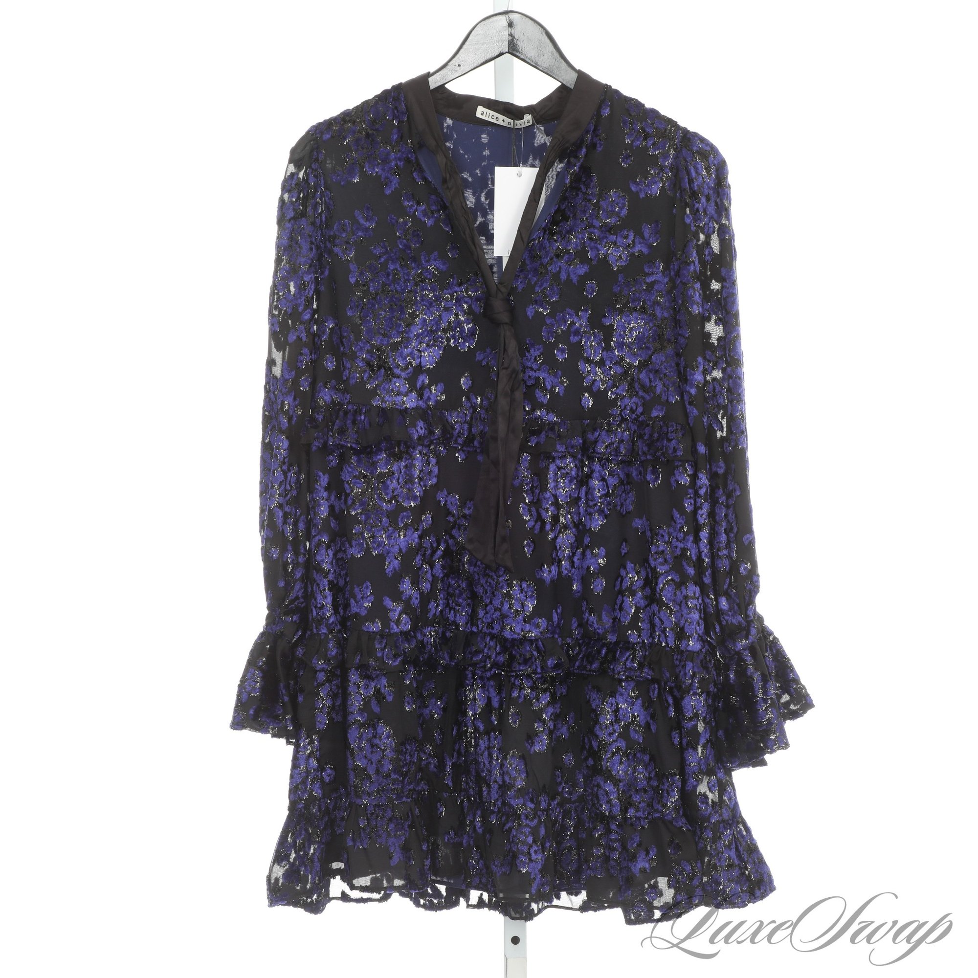 BRAND NEW W/TAGS ALICE AND OLIVIA $695 (!) BLACK CHIFFON PURPLE VELVET ...