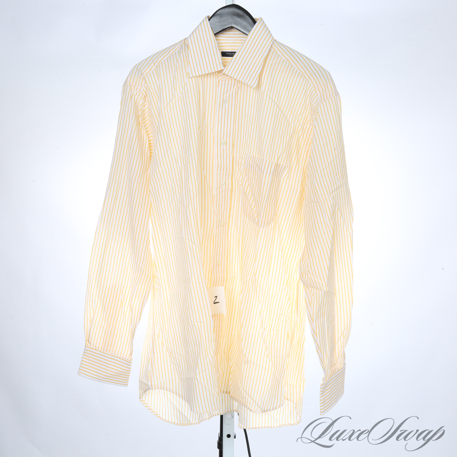 2 BRAND NEW WITH TAGS $165 BURBERRY LONDON MADE IN USA MENS WHITE AND GOLD  PINSTRIPE DRESS SHIRT 16 L #22675 | Auctionninja.com