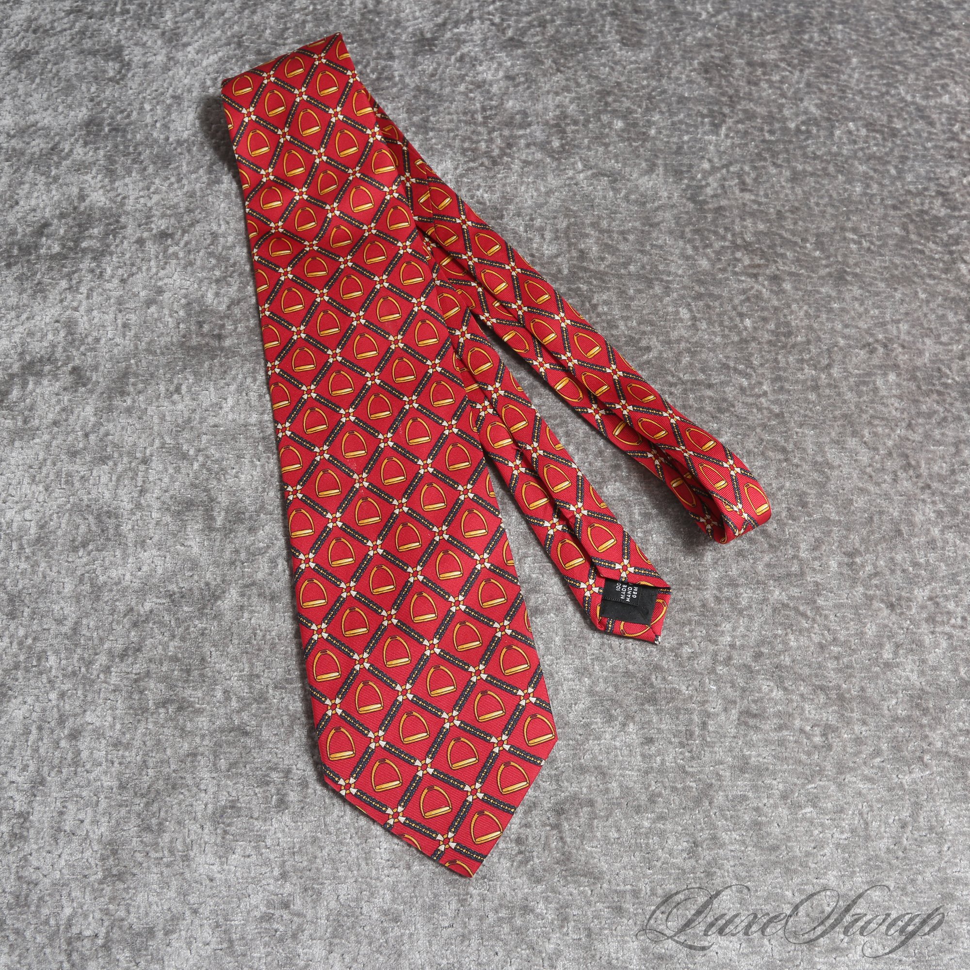 11 MENS PAOLO GUCCI BLOOD RED FOULARD SILK TIE WITH GOLD STIRRUP