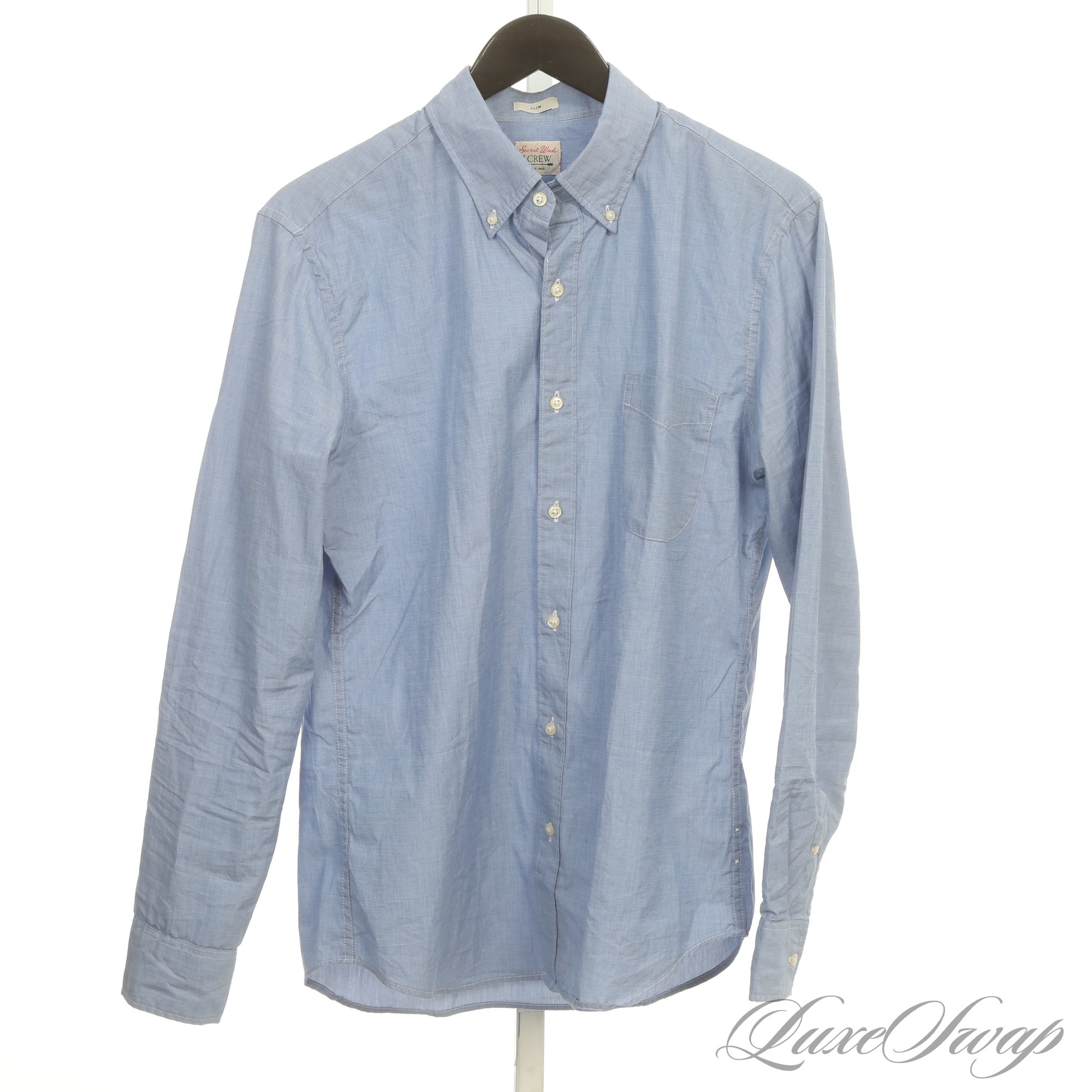 THESE FIT SO WELL! MENS J. CREW "SECRET WASH" FRENCH BLUE END ON END BUTTON  DOWN DRESS SHIRT SLIM FITS LIKE M #53797 | Auctionninja.com