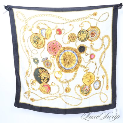 GORGEOUS : DECADENT AND REALLY RICH MADE IN ITALY 100 PERCENT SILK SCARF WITH CLOCK AND WATCH MOTIF, 35'