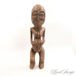 AN INCREDIBLE ANTIQUE VINTAGE REAL CARVED WOOD AFRICAN TRIBAL POSSIBLY BUYU OR SONGYE CONGO TRIBE STATUE 21'