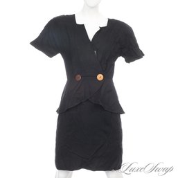 FROM THE PERSONAL ESTATE OF OLEG CASSINI : VINTAGE BLACK POPLIN PEPLUM HEM CAP SLEEVE OLEG CASSINI DRESS 6