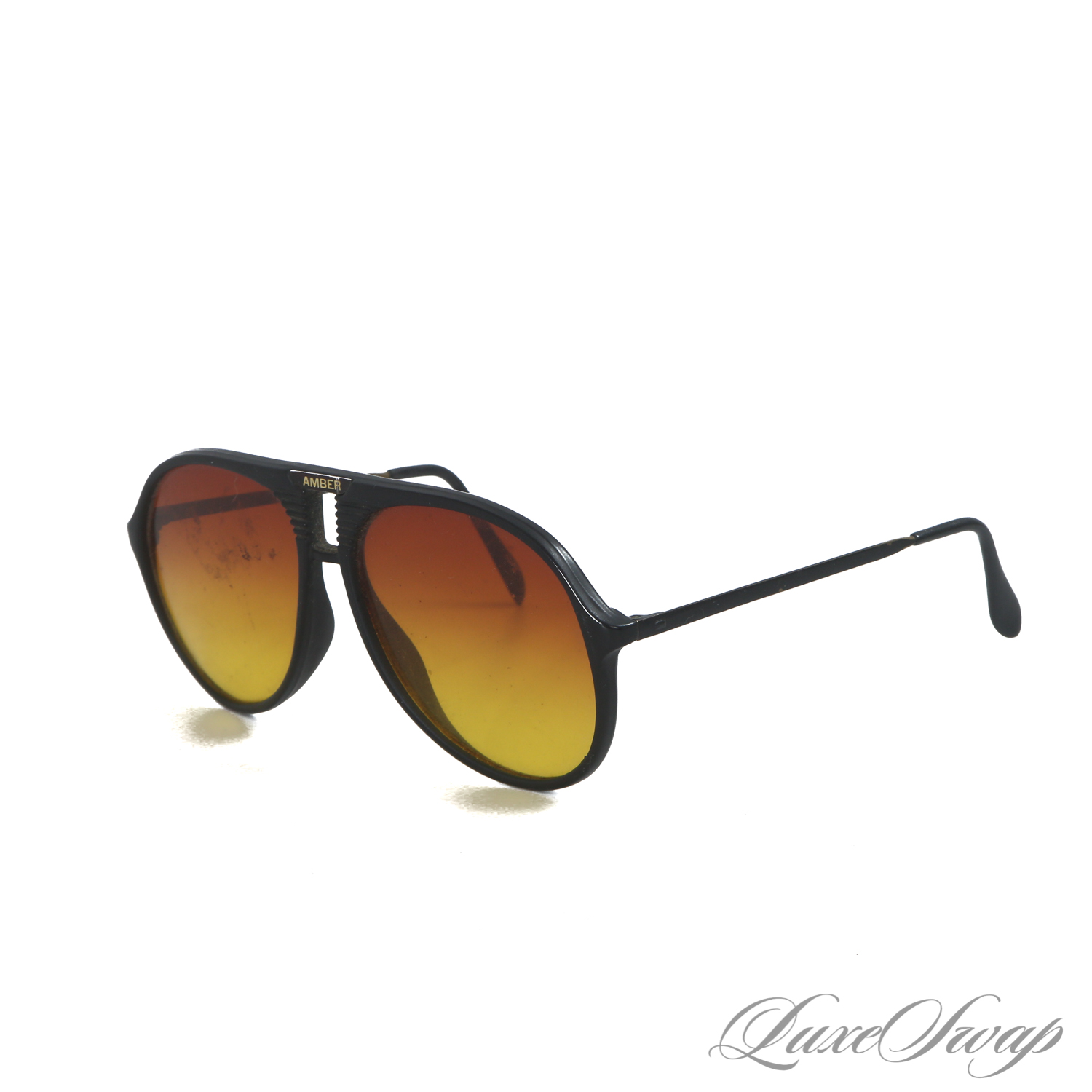 OG 1980S DRUG LORD VIBES! VINTAGE 80S AMBER GRADIENT LENS MATTE BLACKENED  METAL LARGE AVIATOR SUNGLASSES #11932