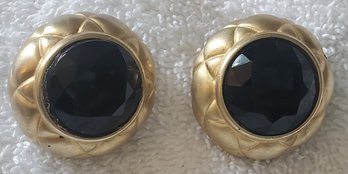 Vintage Signed Marvella Gold Tone Clip-On Earrings With Black Faceted Stones