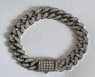 Iced Out Silver-Tone Cuban Link Bracelet  Rhinestone Encrusted With Box Clasp