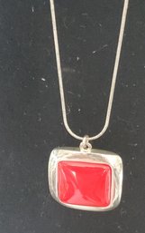 Apostrophe Silver-Tone Long Necklace With Red Square Pendant