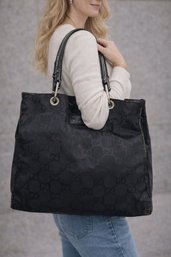 GUCCI Vintage Bamboo Handle GG Canvas Tote Bag  Authentic