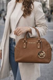 Michael Kors Brown Leather Satchel Bag  Gold MK Charm. Est. Retail  $298  $348