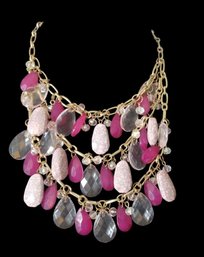 Bold Multi-Layer Statement Necklace  Gold Chain With Pink, Magenta & Clear Glass Beads