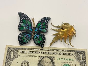 Two Vintage Pins - Leaf And Butterfly