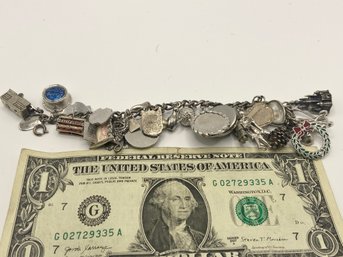 Vintage Sliver Charm Bracelet - Many Sterling. Check Out The Stocking Charm - It Opens