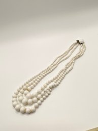 Vintage Triple Strand White Beaded Necklace With Bead Clasp
