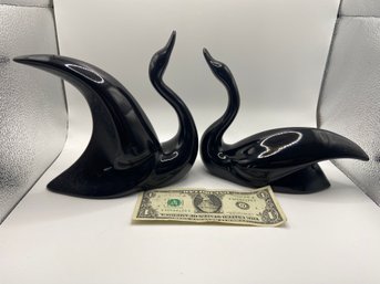 Elegant Pair Of Black Art Deco Swans - Ceramic