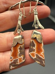 Sterling Silver Earrings -crazy Lace Agate Gemstone- Not Marked But I Think Sterling