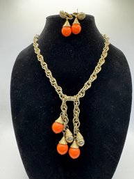 Gold And Pink Necklace And Earrings Set. 24'