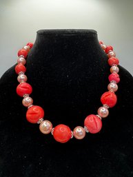 Coral And Pink Beaded Necklace