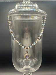 Vintage Beaded Purple & Silver Pendant Necklace 18in
