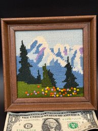 Framed Needlepoint Alpine Scene, 6 1/2 Square