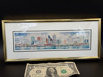 Signed Watercolor Print Of San Diego, Framed, 12 X 5 In