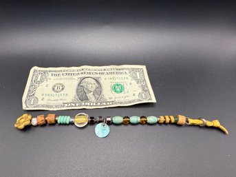 Handmade Leather And Bead Bracelet With Flower Clasp, 8 Inches