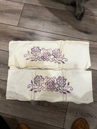 Set Of 2 Vintage Pillowcases With Purple Cross Stitch Embroidery