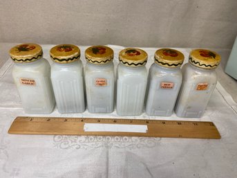 Six Milk Glass Vintage Spice Jars With Handpainted Lids