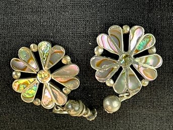 .Pair Of Screw Back Sterling Silver ABALONE Inlay Dangle Earrings