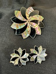 MCM Vintage Taxco Mexico Sterling Pinwheel Brooch/earrings Set With Abalone Shell And Black Onyx Inlay