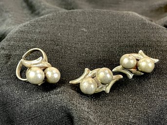 Vintage Sterling Silver Modernist Screw Back Earrings And Matching Ring