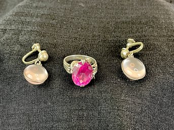 Sterling Silver Ring With A Pink Faceted Stone And A Pair Of Silver Screw-back Drop Earrings W/pink Glass