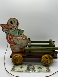 Vintage Wooden Duck Pull Toy Metal Wheels