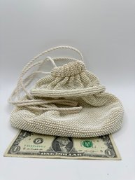 Cream Beaded Drawstring Purse