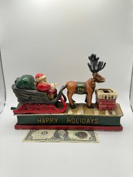Vintage Cast Iron Santa Sleigh Coin Bank